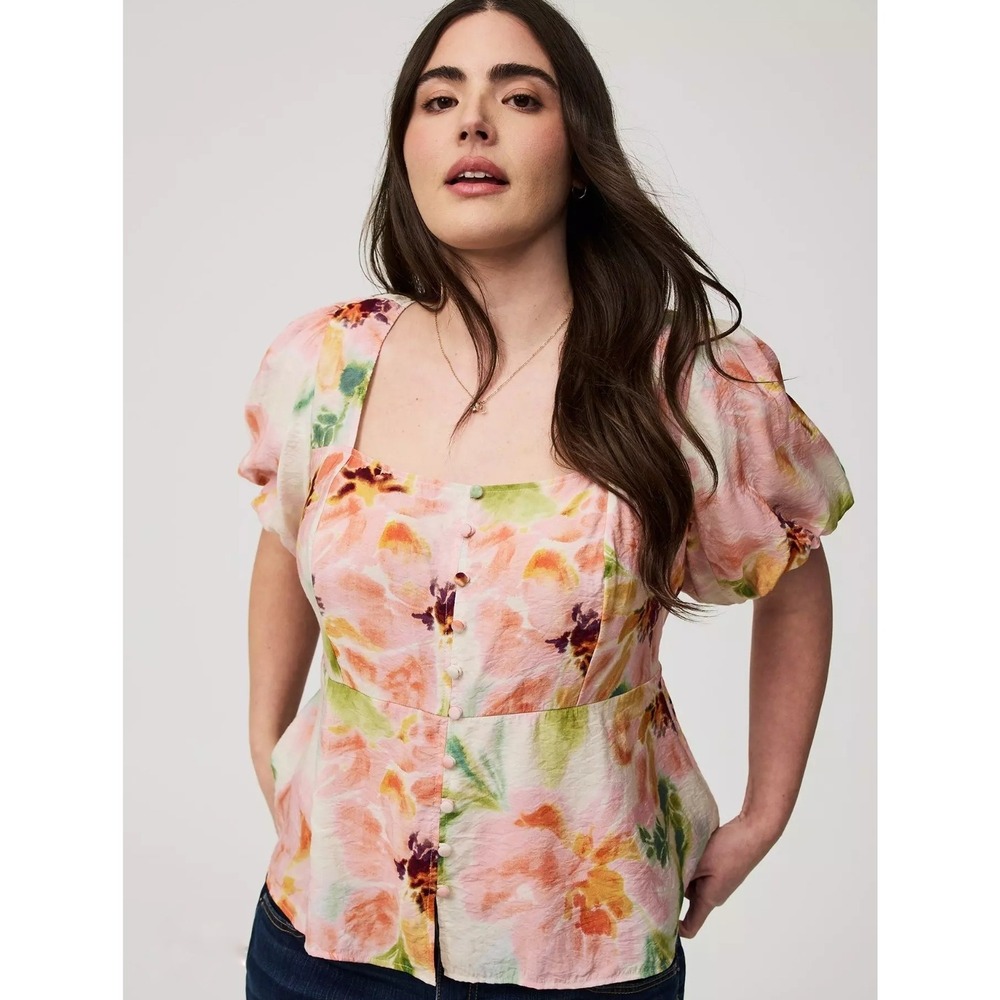 Torrid Peplum Top Womens 2X Pink Floral Puff Sleeve Button Front Blouse Boho